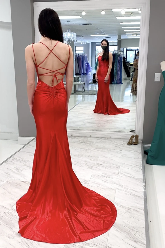 Red satin long prom dress mermaid evening dress    cg21319