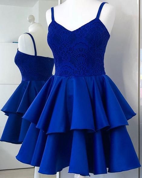 Spaghetti Straps Royal Blue Lace Bodice Homecoming Dress with Layered cg2132
