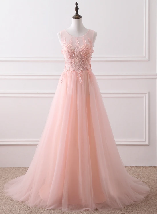 Pink Tulle Round Lace Applique Long Formal Dress, Pink Tulle Junior Prom Dress    cg21327