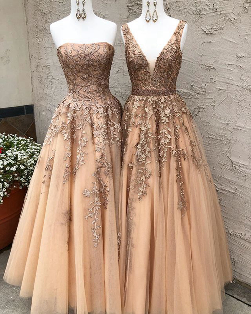 Long Champagne Prom Dress Sexy V Neck Strapless A Line Appliques Formal Party Dresses     cg21353