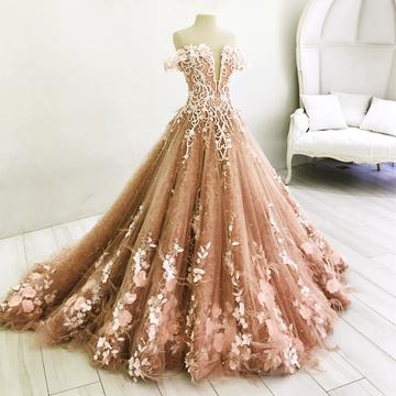 Long Champagne Prom Dress Lace Embroidery Off Shoulder Tulle Ball Gown Wedding Dresses   cg21354