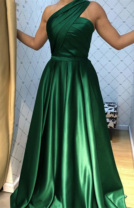 One Shoulder A Line Satin Emerald Green Formal Evening Dress,Prom Party Long Gown     cg21357