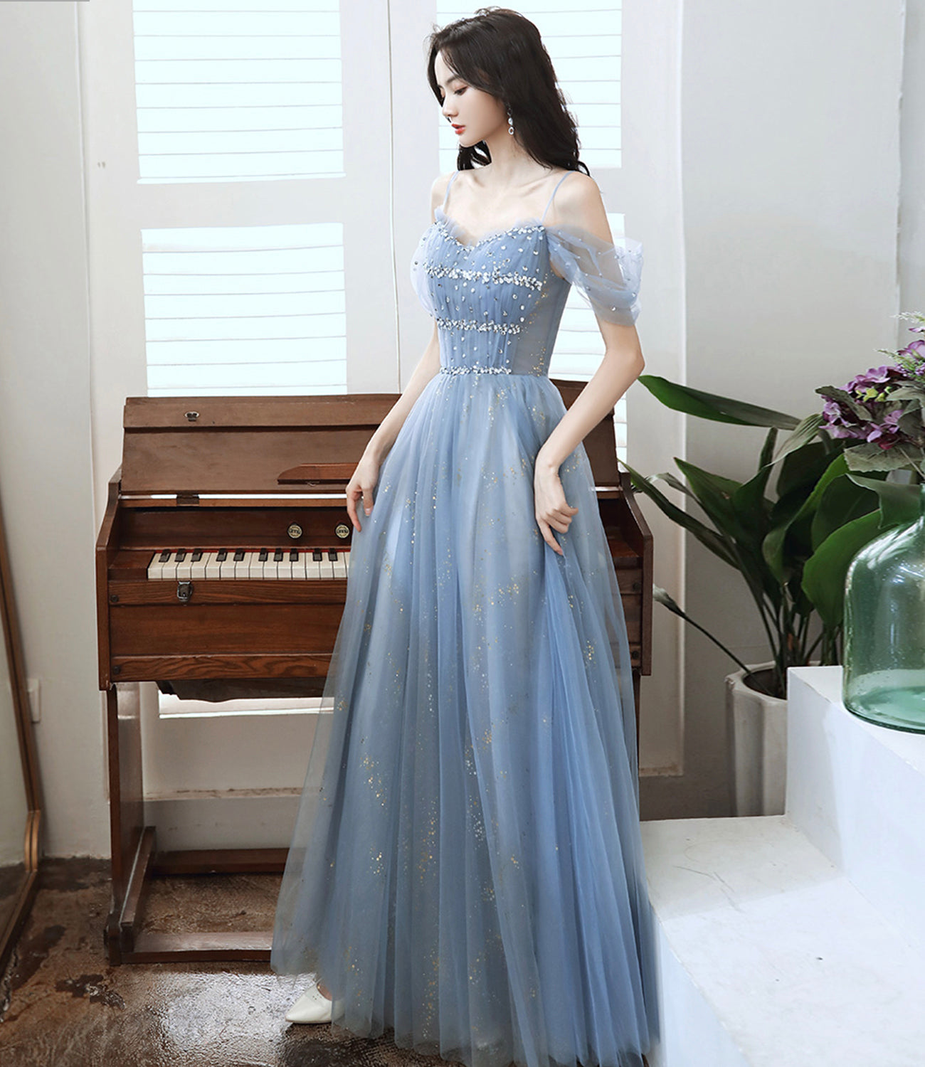 BLUE TULLE BEADS LONG A LINE PROM DRESS EVENING DRESS    cg21359