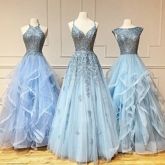 Blue tulle lace long prom gown formal dress    cg21361