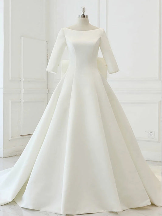 White Satin Backless 3/4 Sleeve Wedding Dress Party prom Dresses    cg21367