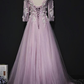 Pink Long Sleeves Tulle With Flowers V-Neckline Prom Dress, A-Line Pink Bridesmaid Dress Party Dress    cg21372