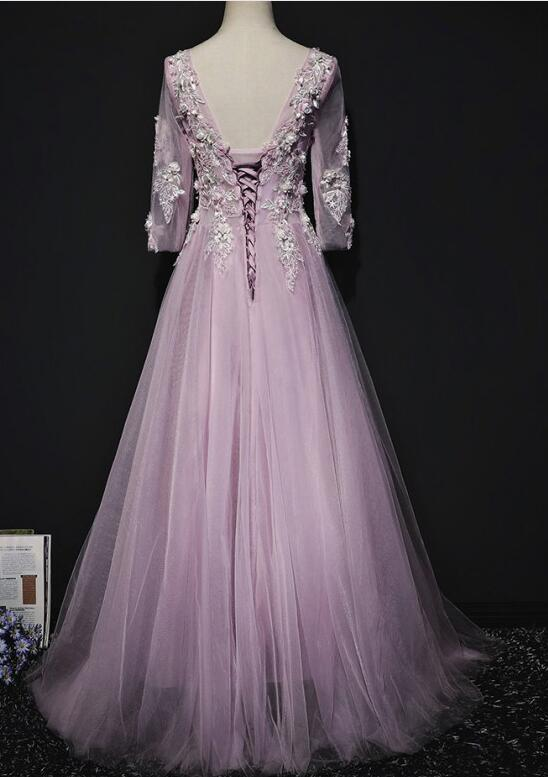 Pink Long Sleeves Tulle With Flowers V-Neckline Prom Dress, A-Line Pink Bridesmaid Dress Party Dress    cg21372