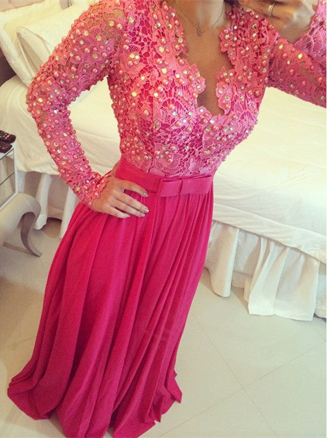 Gergeous Long Sleeve Prom Dress, Elegant Beaded Pearls Long Evening Dress    cg21386