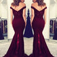 Charming Burgundy Off Shoulder Elastic Satin Long Mermaid Lace Prom Dresses    cg21390