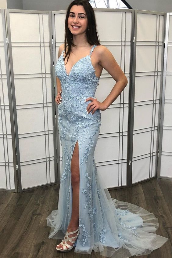 mermaid light blue lace appliques long formal prom dress features with v neck, side slit and low back    cg21405