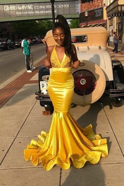 Yellow Bodycon Mermaid Prom Dresses Long with Appliuqes    cg21424