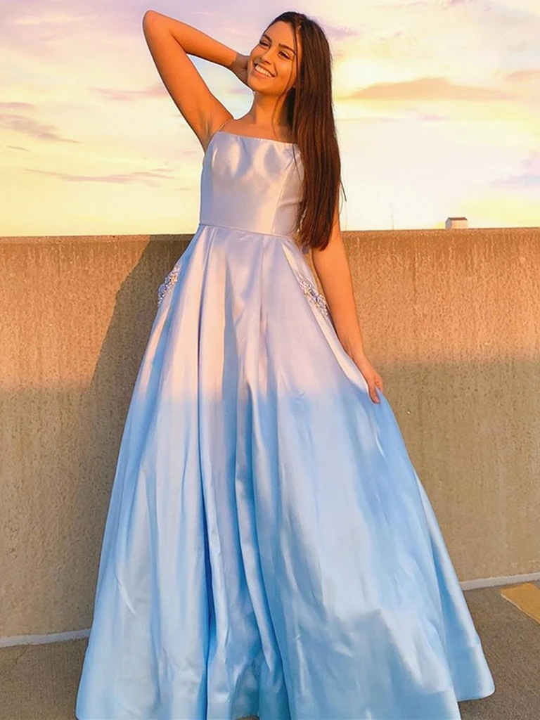 Backless Light Blue Long Prom Dresses with Pocket, Long Light Blue Formal Evening Dresses   cg21425