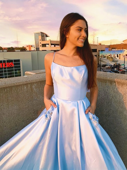 Backless Light Blue Long Prom Dresses with Pocket, Long Light Blue Formal Evening Dresses   cg21425