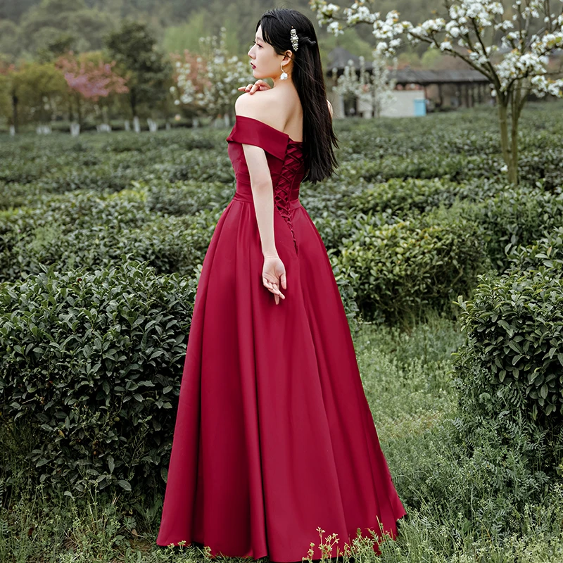 Dark Red Satin Long Off Shoulder A-Line Evening Dress prom dress     cg21433