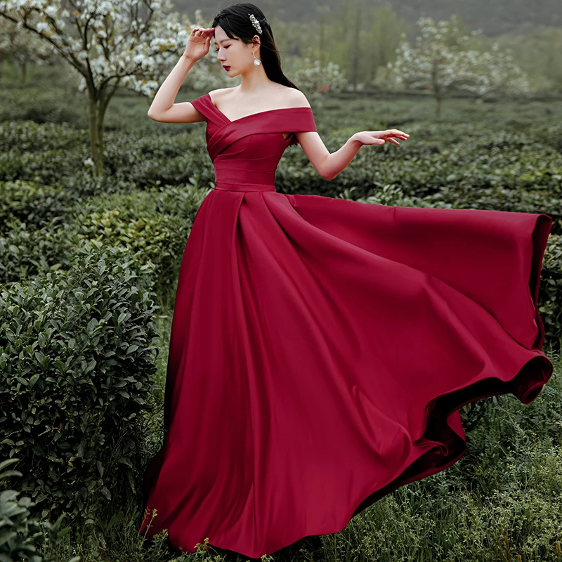 Dark Red Satin Long Off Shoulder A-Line Evening Dress prom dress     cg21433