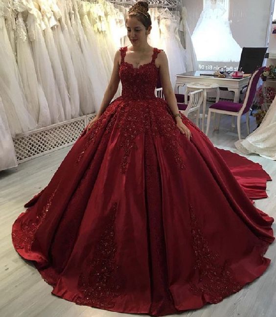 New Elegant Burgundy Lace Beaded Prom Dress,Ball Gown Long Train Formal Dresses,Quinceanera Dresses   cg21443