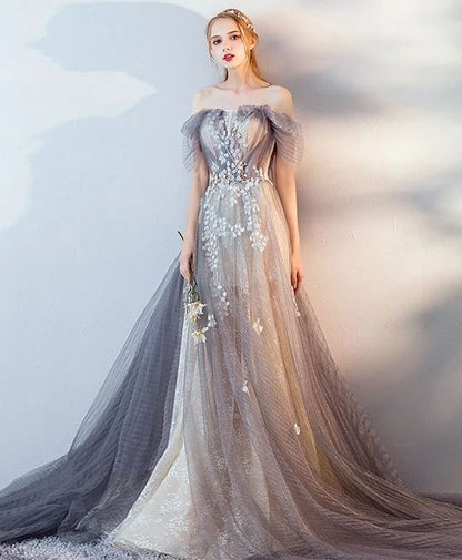 Gray tulle lace long prom dress, gray tulle lace evening dress    cg21445