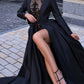 A-Line Round Neck Long Sleeves Black Long Prom Dress  cg2145