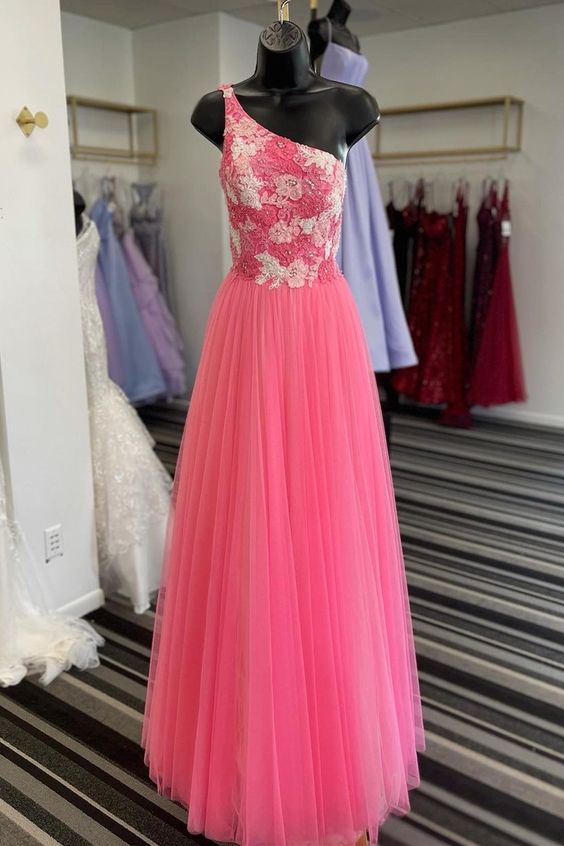 elegant one shoulder hot pink long prom dress    cg21457