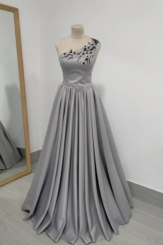 Gray satin long A line prom dress one shouder evening dress    cg21464