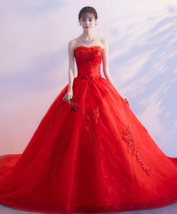 Red sweetheart neck lace long prom dress, sweet 16 dress    cg21489