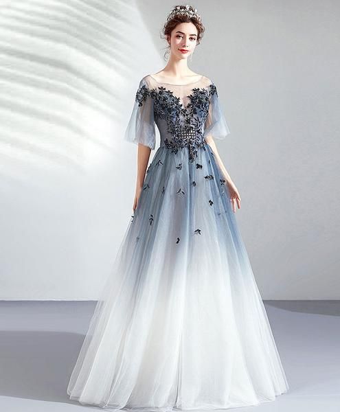 Blue round neck tulle lace long prom dress, evening dress cg2149