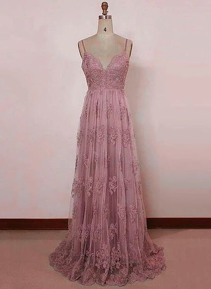 Beautiful Pink Straps Lace Floor Length Party Dress, Pink Backless Prom Dress    cg21495