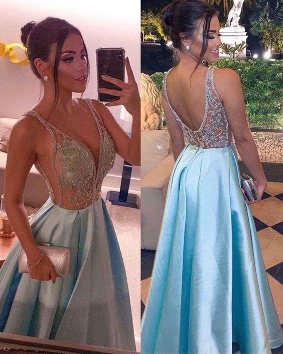 baby blue satin prom dresses embroidery top with plunge neck    cg21505