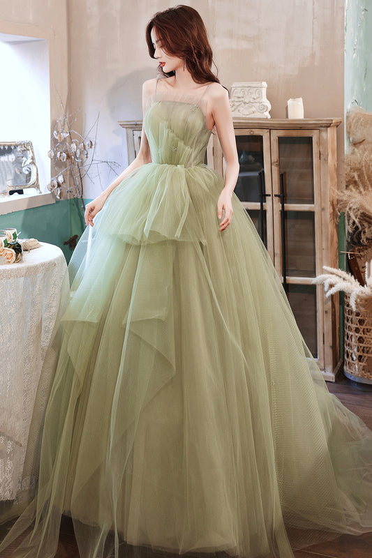 GREEN TULLE LONG A LINE PROM DRESS EVENING DRESS    cg21508