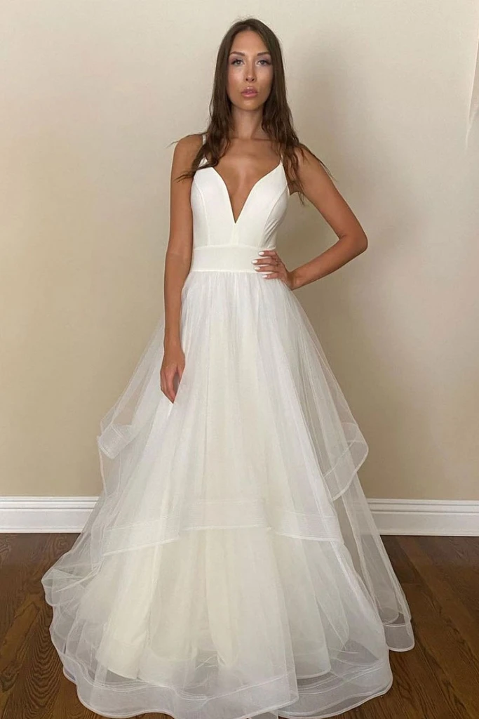 SIMPLE WHITE TULLE LONG PROM DRESS WHITE TULLE FORMAL DRESS    cg21536