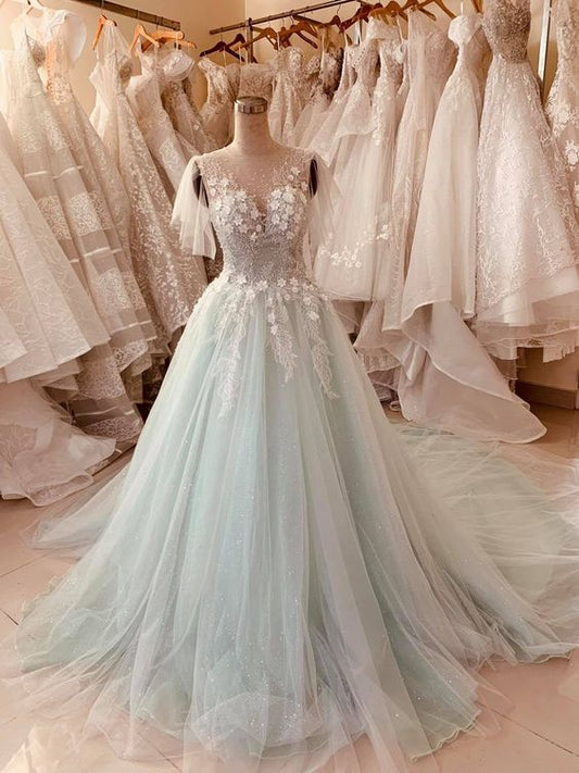 Pastel mint green floral lace flutter sleeve ball gown wedding dress with court train & glitter tulle prom dress    cg21538