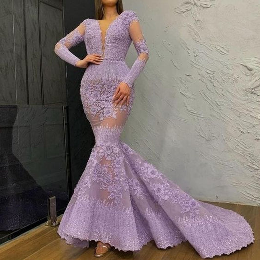 luxury purple evening dresses long sleeve mermaid lace applique beaded modest floral evening gown prom dress    cg21545