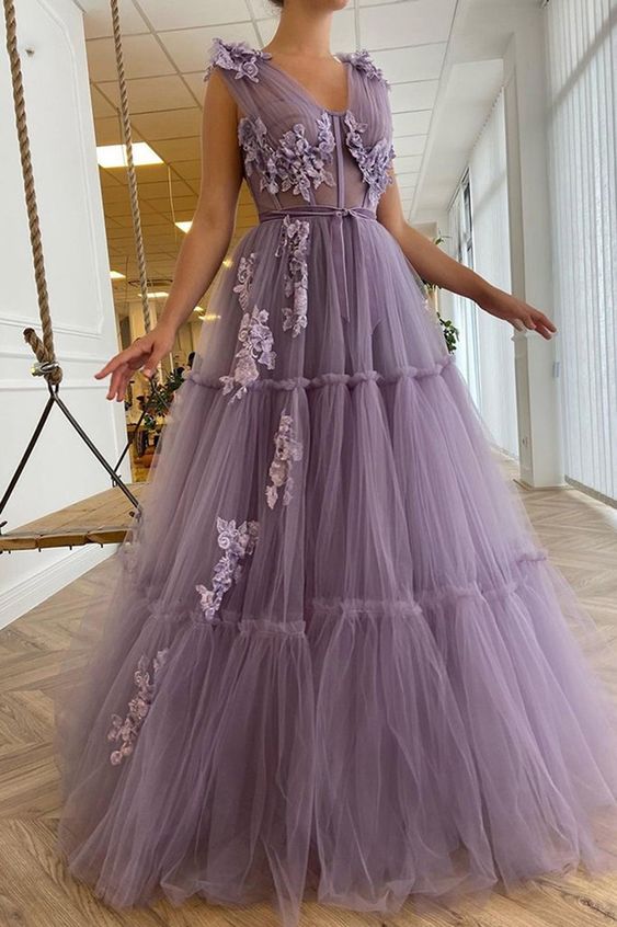 Mauve Purple V Neck Tulle Boho Prom Dresses Long with Lace Gown    cg21553