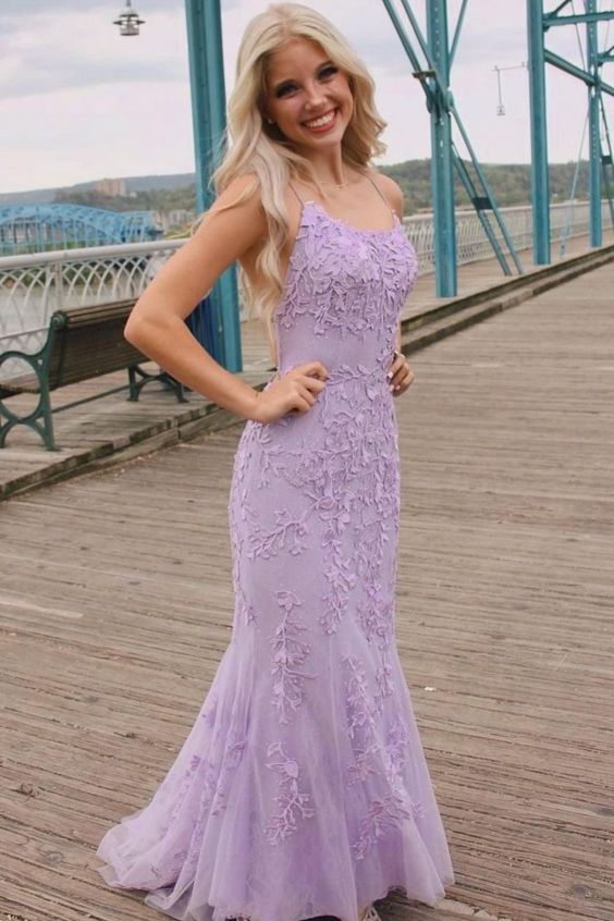 elegant mermaid lavender lace appliqued long prom dress with lace up back   cg21559