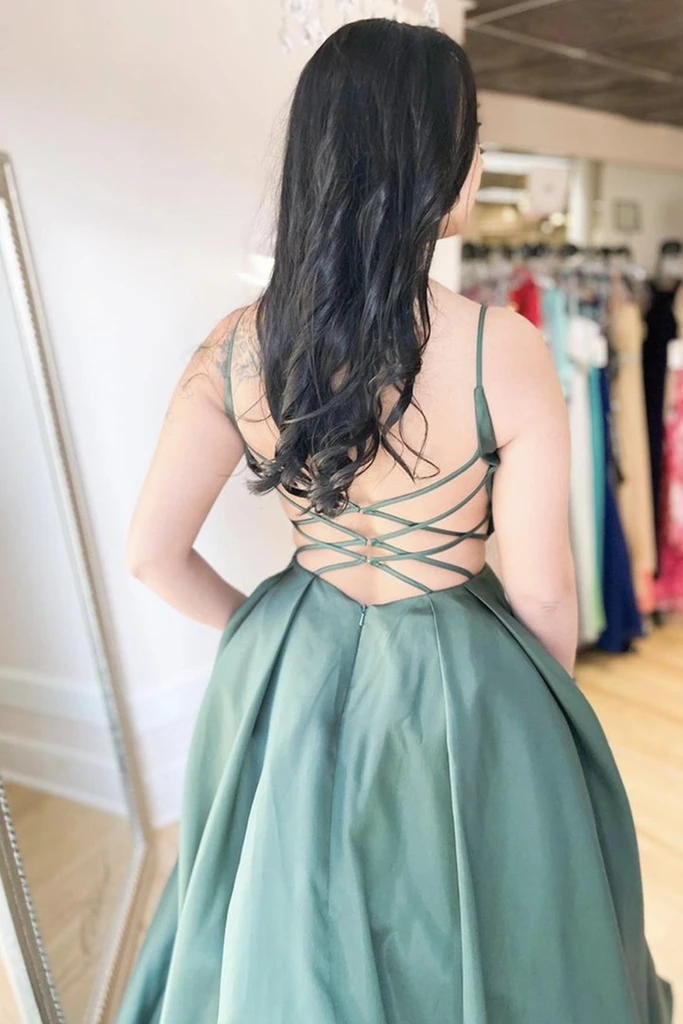 A Line V Neck Backless Green Satin Long Prom Dresses, Open Back Green Formal Dresses, Green Evening Dresses   cg21567