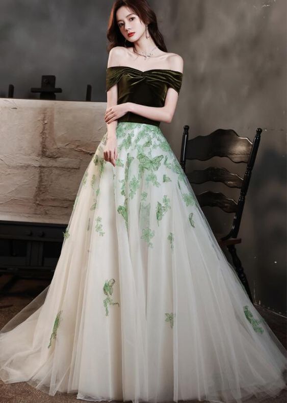 Charming Tulle And Velvet With Flower Applique Long Formal prom Gown, Off Soulder Eevning Dresses    cg21568