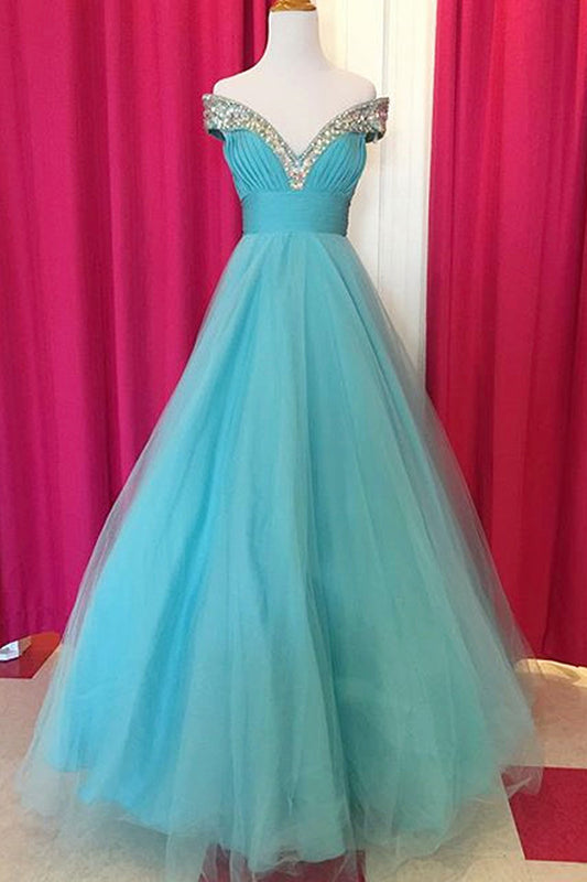 Fabulous Off Shoulder Floor Length Blue Ruched Prom Dress with Beading Celebrity Dresses   cg21570