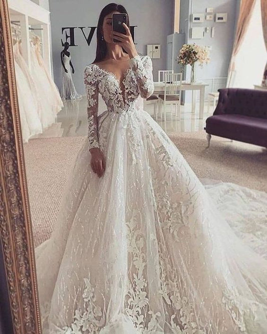 Gorgeous A-Line V Neck Long Sleeves Lace Wedding Dresses prom gown   cg21582