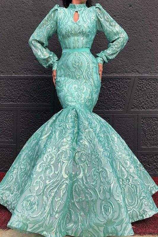 Chic Lace High Neck Long Sleeve Mermaid Prom Dresses    cg21600