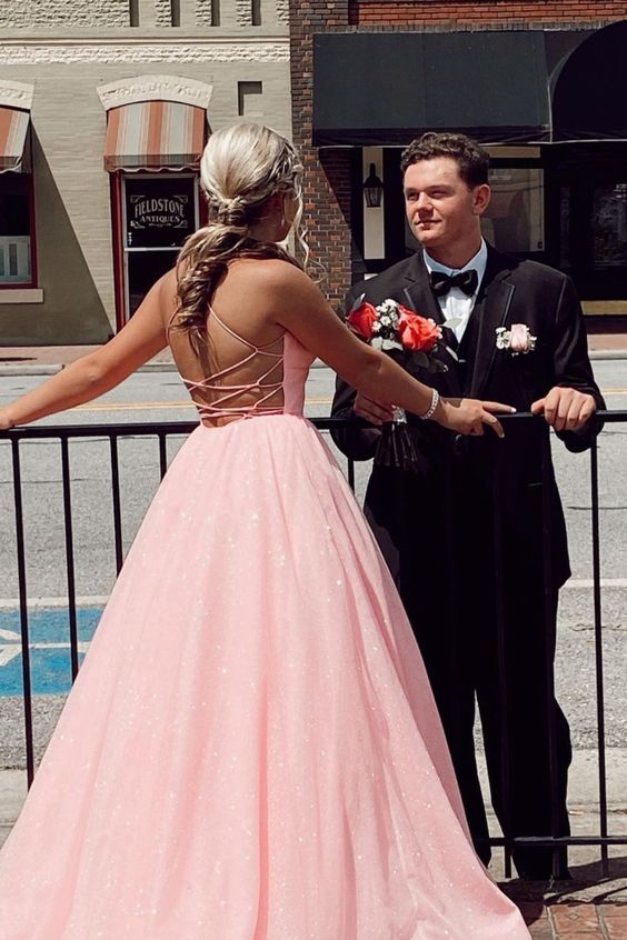 A-line pink shimmering long prom dress with lace up back    cg21612