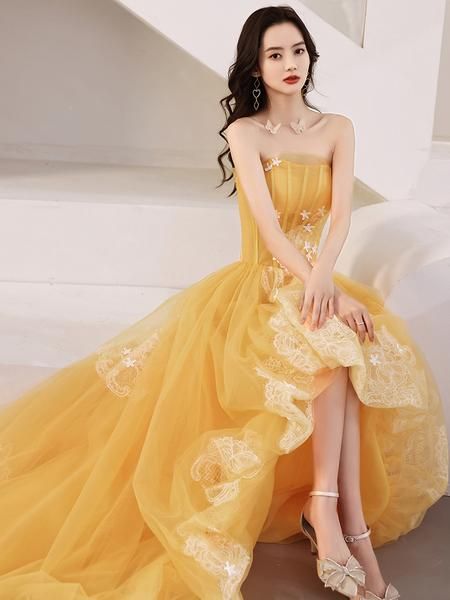 Yellow Unique High Low Tulle with Lace Prom Dress, Yellow Formal Dress Evening Dress   cg21619
