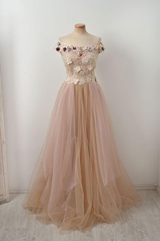 Unique champagne tulle lace applique long prom dress, champagne evening dress   cg21628