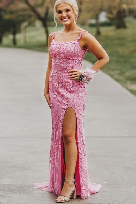 tight fuchsia lace appliques long formal dress with side slit Prom Dresses    cg21637