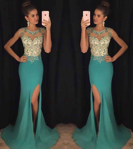 Green Round Neck Chiffon Mermaid Long Prom Dress, Green Evening Dress   cg21642