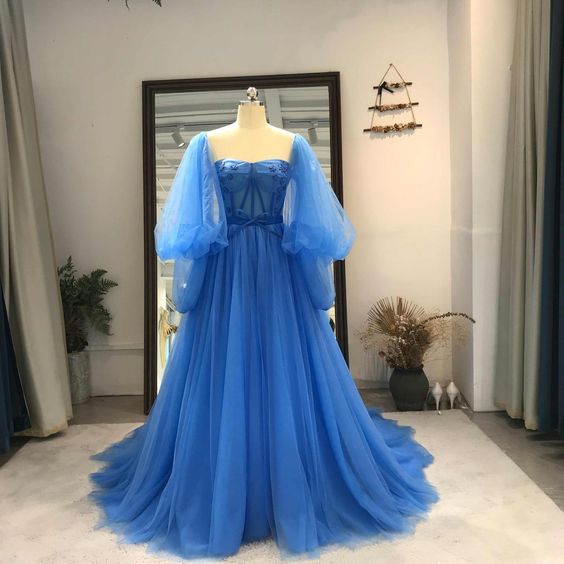 Blue Tulle Fashionable Sweetheart Long Party prom Dress     cg21643