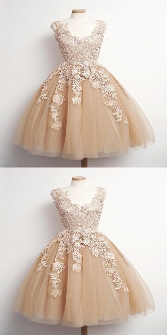 A-Line Sleeveless Champagne Short Homecoming Dresses,Appliqued Tulle Homecoming Dresses cg2165