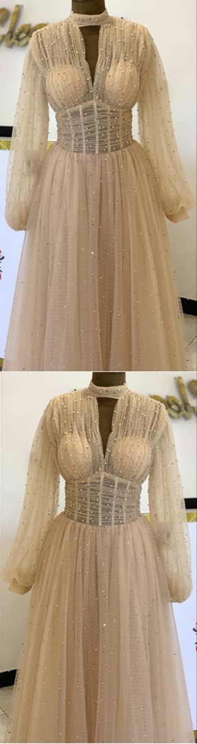 Champagne tulle prom dresses long sleeves formal gown for women   cg21656