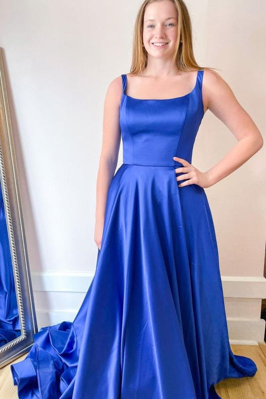 elegant royal blue satin long prom dress 2022   cg21664