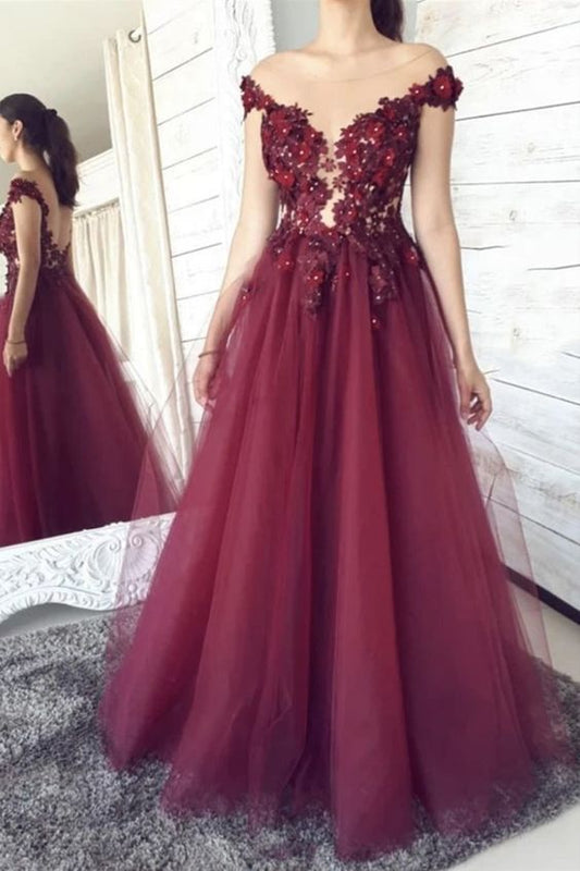 A-line burgundy tulle long formal dress evening dress prom dress   cg21669