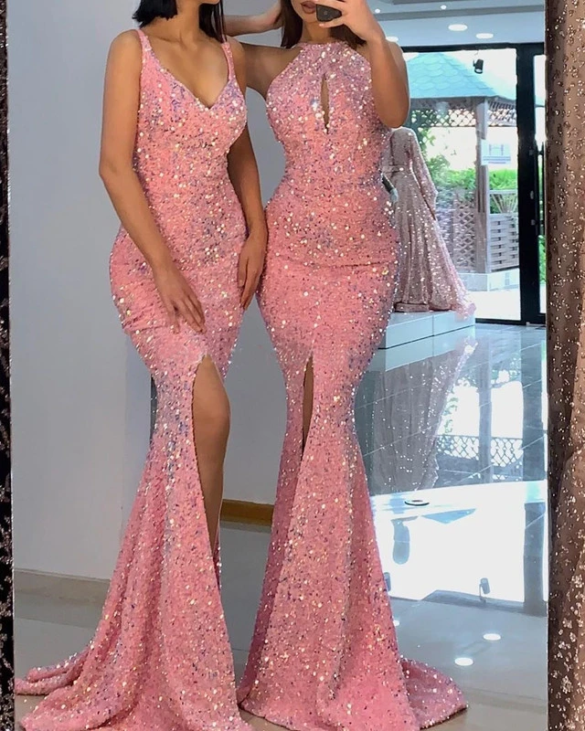 Pink Mermaid Prom Dresses Sequins Evening Gowns    cg21670